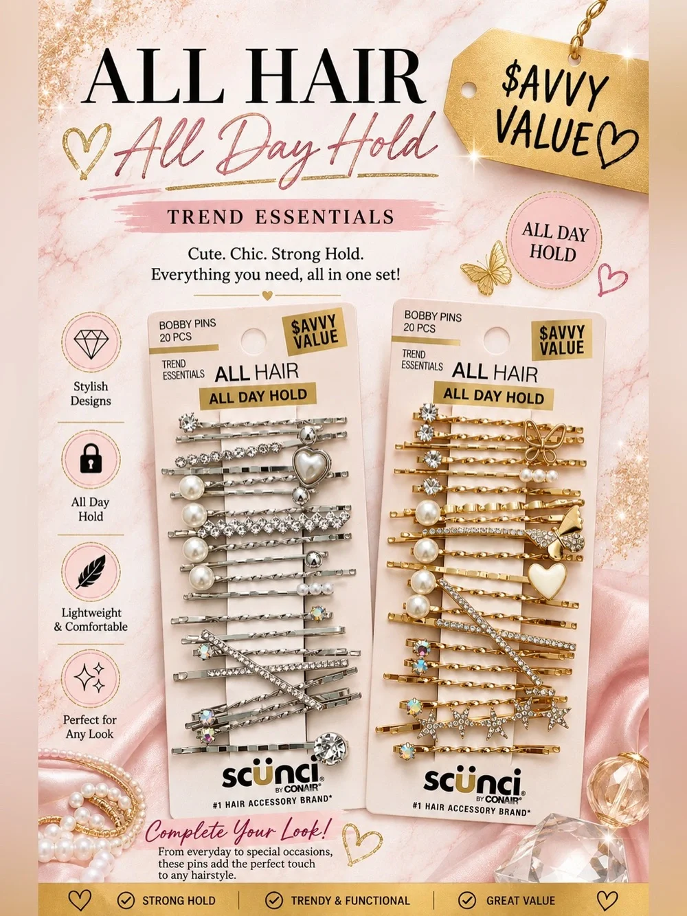 Scunci All Hair All Day Hold Decorative Hair Pins 40 ct-Gold & Silver $22 retail